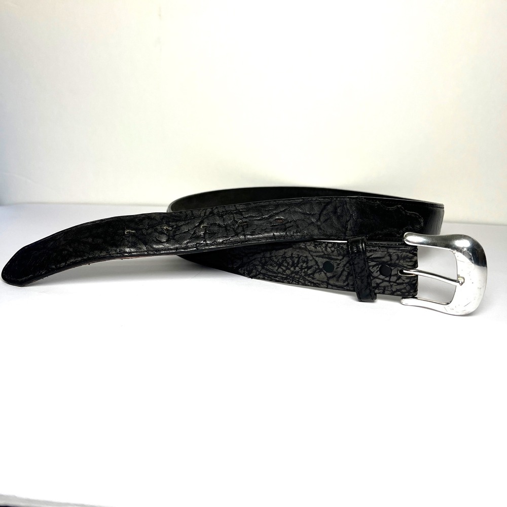 Vtg Tony Lama Black Leather Textured Belt Silver Buckle 90s Made USA Men Size 40